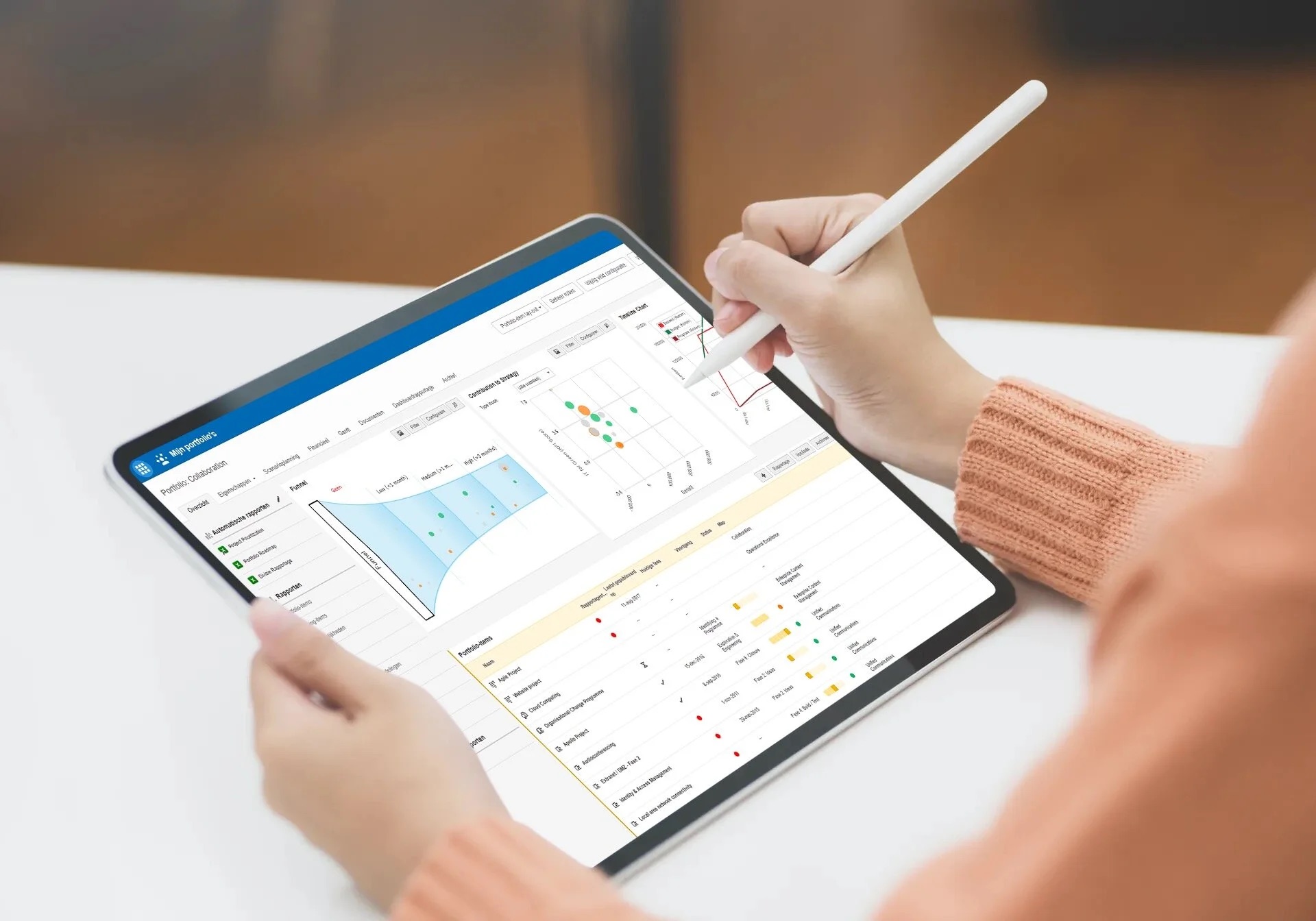 Portfolio-overzicht in Fortes Change Cloud op een tablet, met funnel en bijdrage aan de strategie