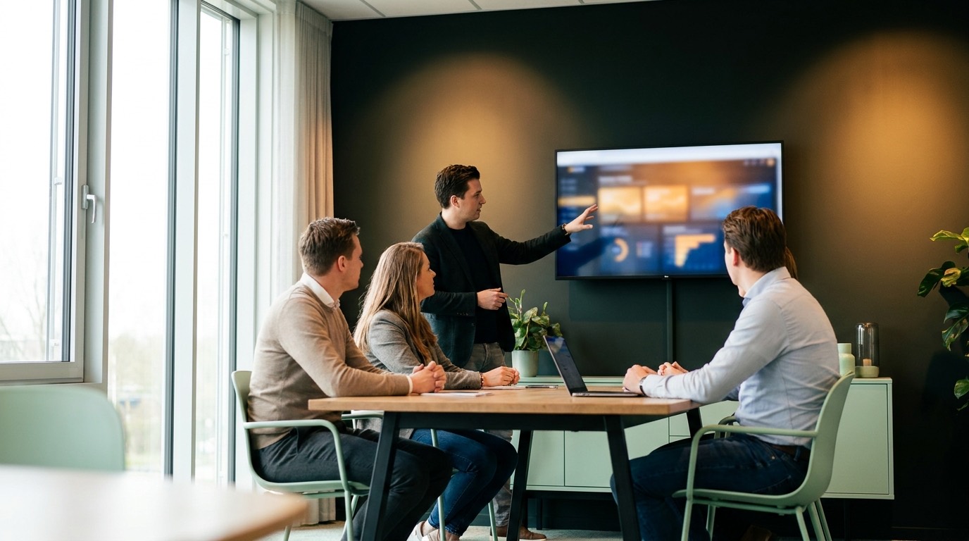 Een team bespreekt de strategie in een lichte vergaderruimte