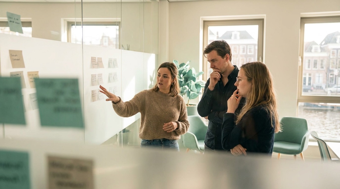 Drie collega's ordenen samen projectkaarten op een glazen wand
