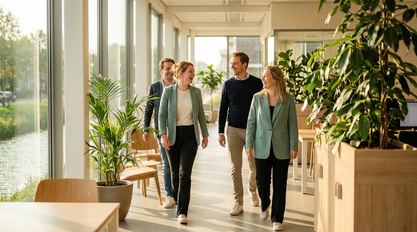Een team loopt pratend door een licht kantoor